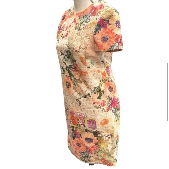 Tory Burch Cream/Peach Multi Kaley Floral Tweed Crew Neck Short Sleeve Dress (2) - Picture 6 of 13